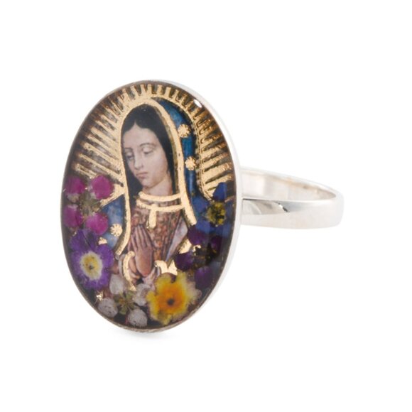 SEED & SAGE  Mexico Sterling Silver Oval Guadalupe Flower Ring - Picture 1 of 2